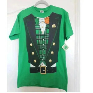 Men's LUCKY Leprechaun Irish Green Vest & Bow Tie Graphic T-Shirt MEDIUM BNWT